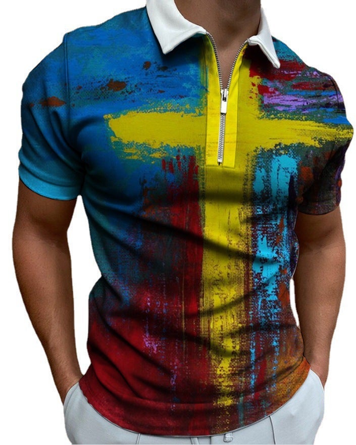 European and American new personality pattern team logo 3D printing men's zipper polo shirt business casual large size short-sleeved top PL-DX05 L - Image 3