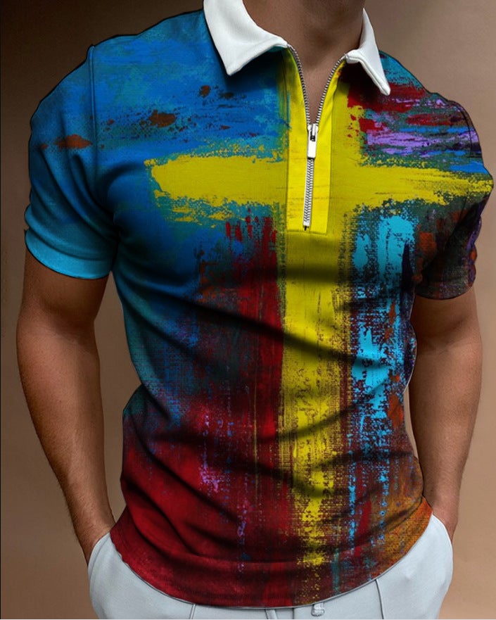 European and American new personality pattern team logo 3D printing men's zipper polo shirt business casual large size short-sleeved top PL-DX05 L - Image 1