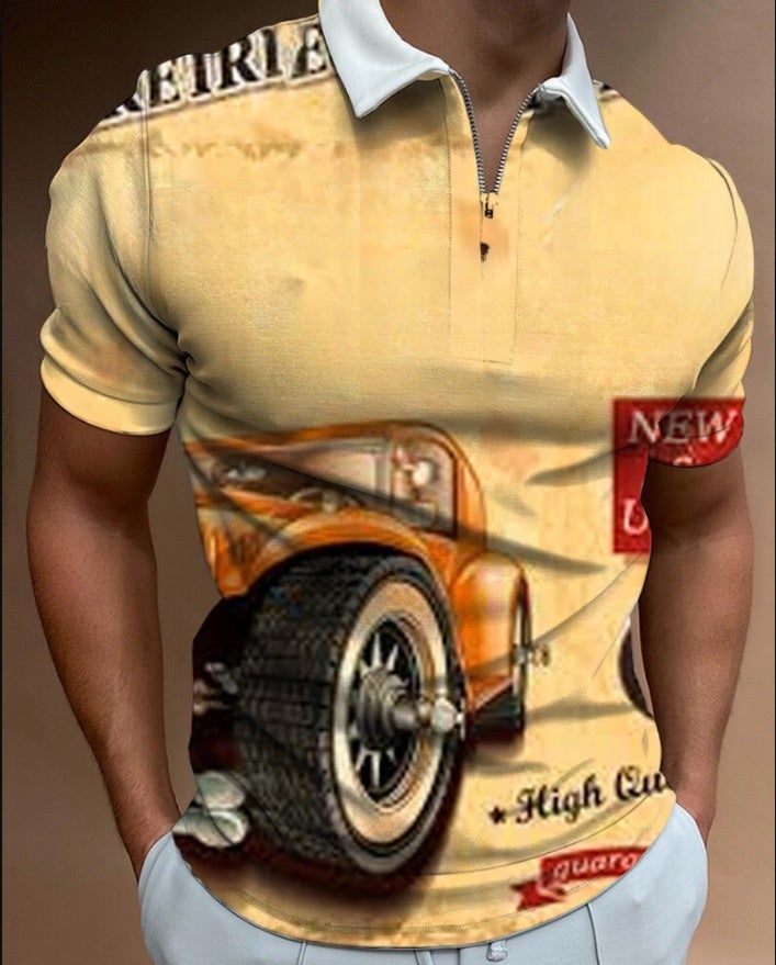 European and American new personality pattern team logo 3D printing men's zipper polo shirt business casual large size short-sleeved top PL-DX05 L - Image 5