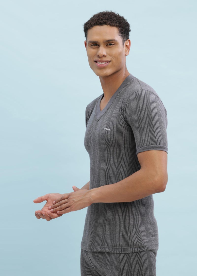 Dollar Ultra Pack of 2 Combed Cotton Men V Neck Half Sleeve Thermal Top Grey - Image 2