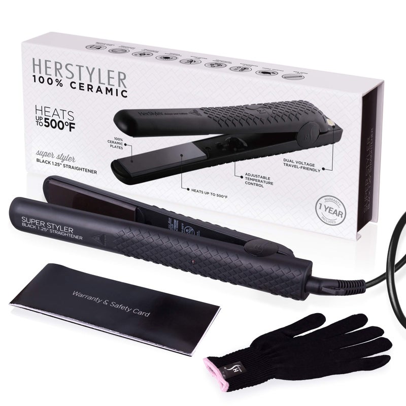 Herstyler Superstyler Onyx Ceramic Flat Iron - Ceramic Hair Straightener with Adjustable Temperature - Travel-Friendly Dual Voltage Flat Iron - Image 1