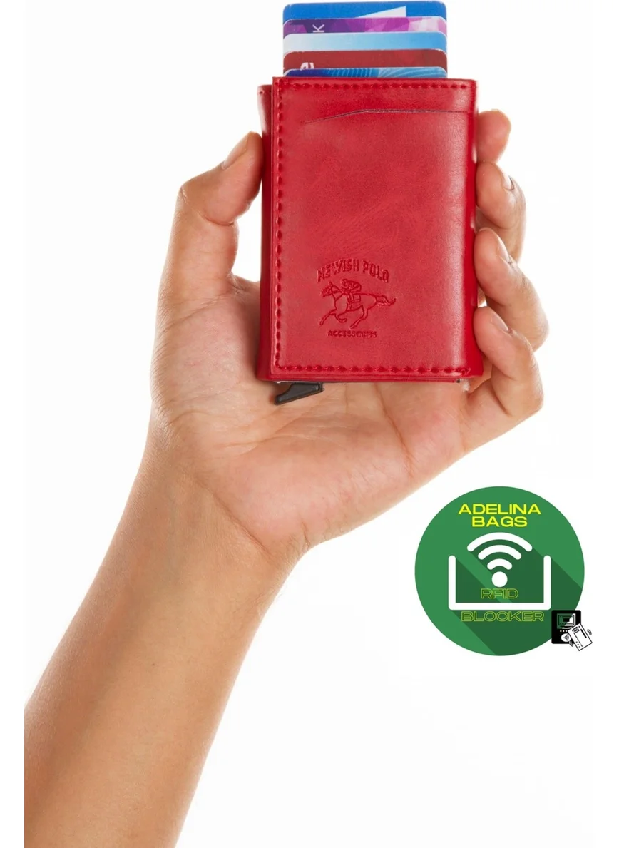 Adelina Bags Red Aluminum Mechanism Sliding Card Holder Wallet Accessory