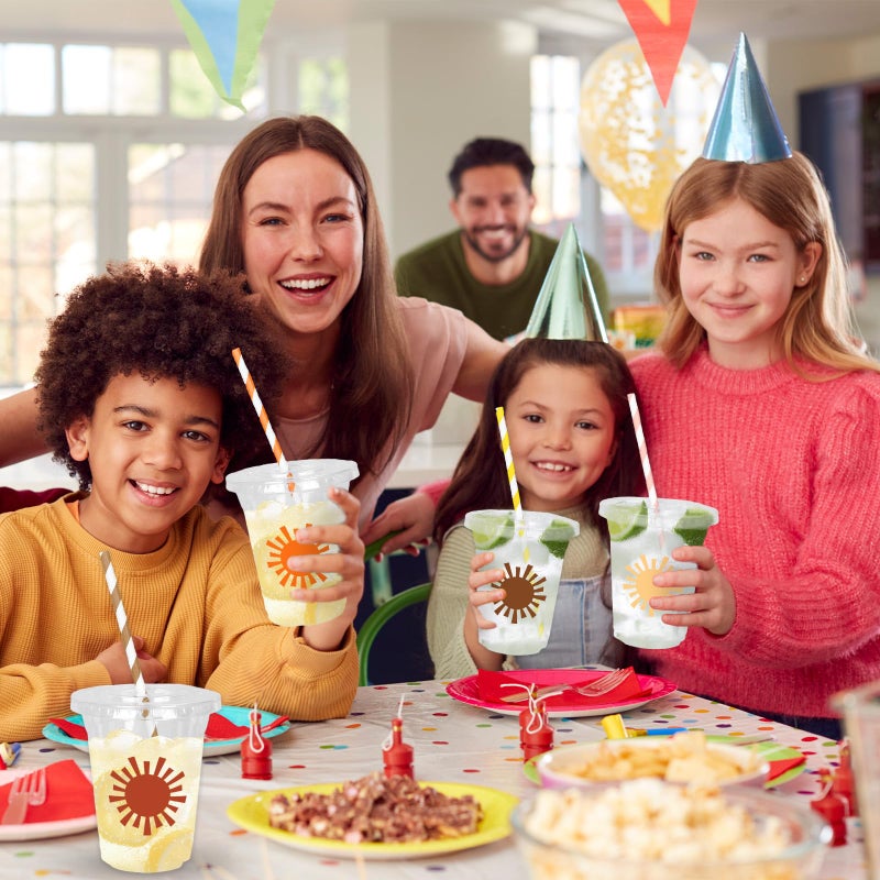 Whaline 60Pcs Boho Sun Disposable Plastic Cups With Lids And Straws 12 oz Colorful Sunshine Pattern Cold Beverage Drinking Cup For First Birthday Baby Shower Party - Image 4