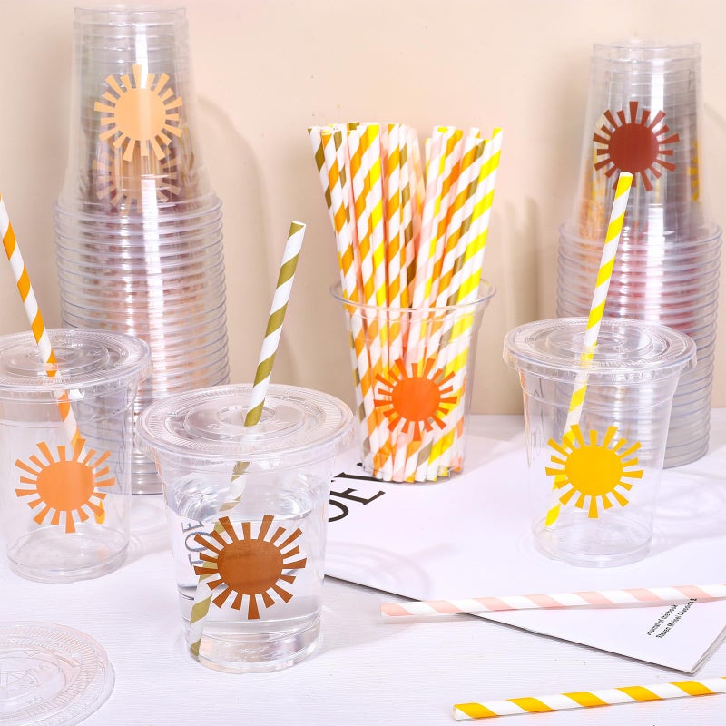 Whaline 60Pcs Boho Sun Disposable Plastic Cups With Lids And Straws 12 oz Colorful Sunshine Pattern Cold Beverage Drinking Cup For First Birthday Baby Shower Party - Image 3