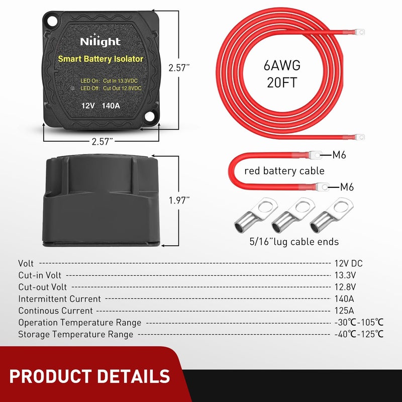 Nilight 12V 140AMP Dual Battery Isolator Kit with 6 AWG Power Cable Terminal Voltage Sensitive Relay Smart VSR Automatic Charger Disconnect for Truck Van RV ATV UTV Boat Can Am - Image 3