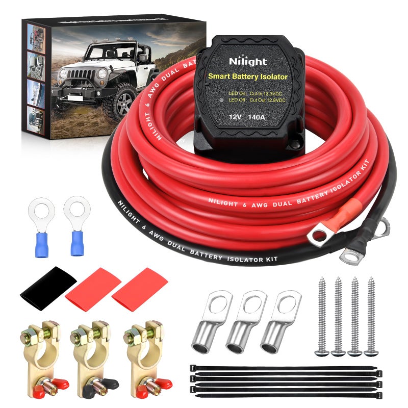 Nilight 12V 140AMP Dual Battery Isolator Kit with 6 AWG Power Cable Terminal Voltage Sensitive Relay Smart VSR Automatic Charger Disconnect for Truck Van RV ATV UTV Boat Can Am - Image 1