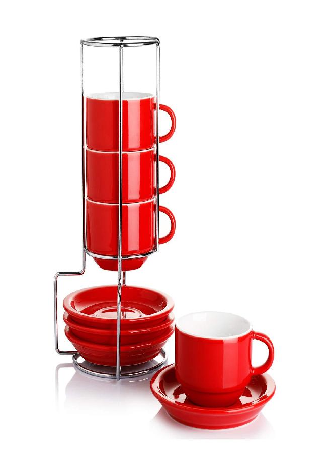 Sweese 2.5 Ounce Porcelain Stackable Espresso Cups with Saucers and Metal Stand Set of 4, Red - Image 1