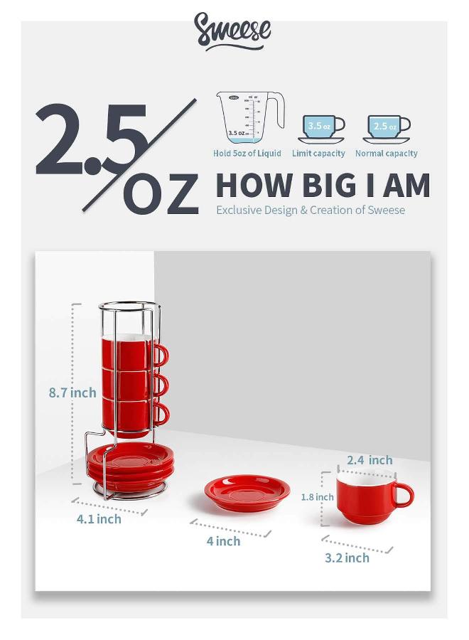 Sweese 2.5 Ounce Porcelain Stackable Espresso Cups with Saucers and Metal Stand Set of 4, Red - Image 2