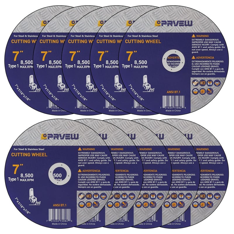 PRVEW 10-Pack 7-Inch Aluminum Oxide Cut Off Wheels, 7x1/16x7/8", "Silver", "Angle Grinder Compatible, Great for Carbon Steel, Stainless Steel, Iron & More - Image 1