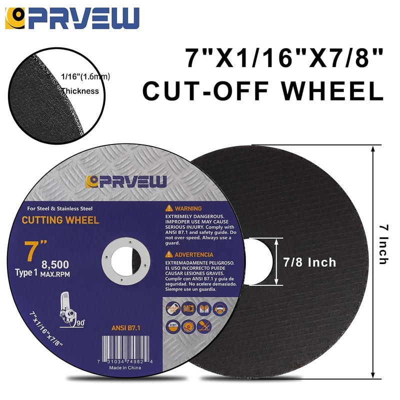 PRVEW 10-Pack 7-Inch Aluminum Oxide Cut Off Wheels, 7x1/16x7/8", "Silver", "Angle Grinder Compatible, Great for Carbon Steel, Stainless Steel, Iron & More - Image 2