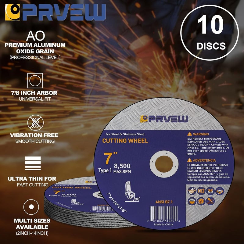 PRVEW 10-Pack 7-Inch Aluminum Oxide Cut Off Wheels, 7x1/16x7/8", "Silver", "Angle Grinder Compatible, Great for Carbon Steel, Stainless Steel, Iron & More - Image 4