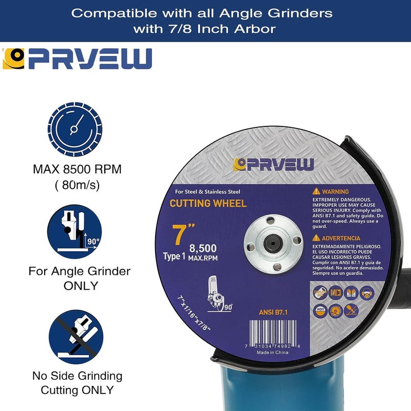PRVEW 10-Pack 7-Inch Aluminum Oxide Cut Off Wheels, 7x1/16x7/8", "Silver", "Angle Grinder Compatible, Great for Carbon Steel, Stainless Steel, Iron & More - Image 3