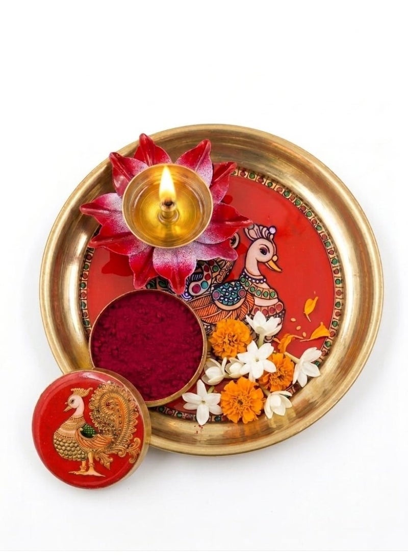 Pooja Thali Set with Peacock Diya & Kumkum Holder-3 Pieces - Image 1