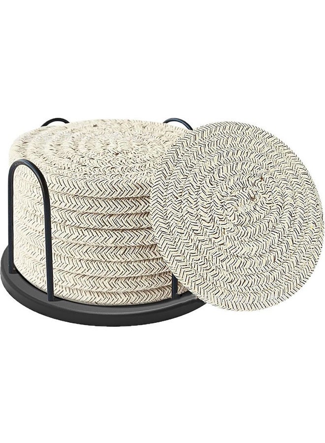 8 قطع واقيات مشروبات مع حامل، واقيات مشروبات منسوجة من القطن الماص للمشروبات، طقم واقيات مشروبات بديكور منزلي بسيط لطاولة خشبية لحماية الطاولة - Image 1