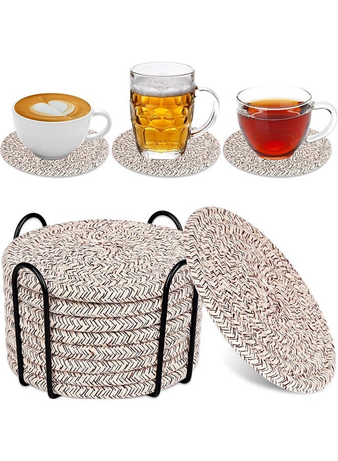 8 قطع واقيات مشروبات مع حامل، واقيات مشروبات منسوجة من القطن الماص للمشروبات، طقم واقيات مشروبات بديكور منزلي بسيط لطاولة خشبية لحماية الطاولة - Image 3