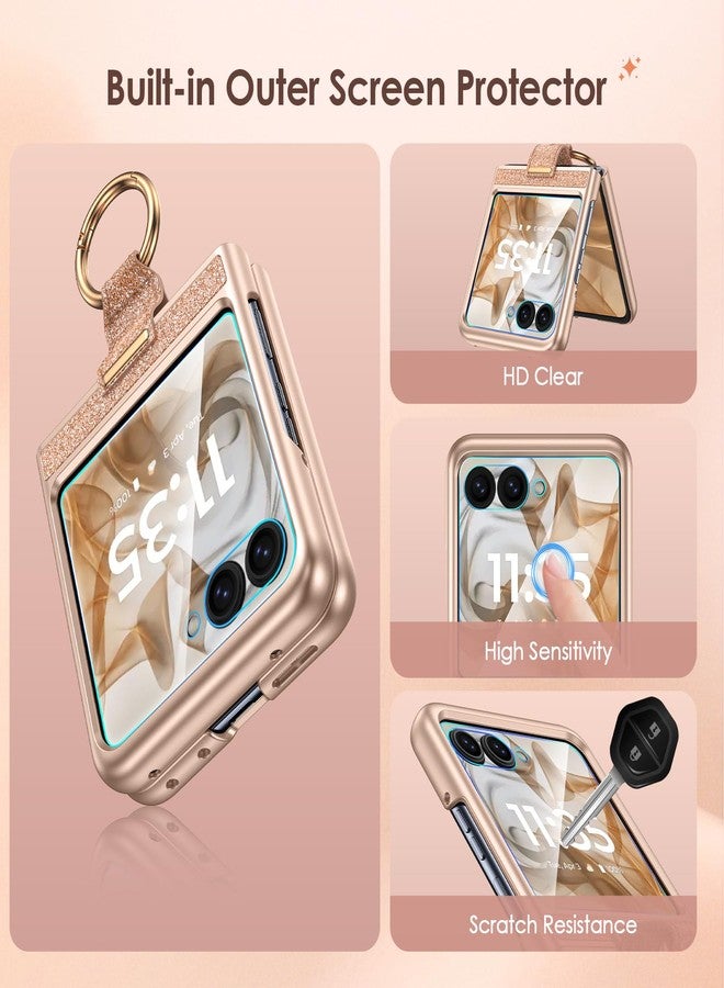 Caka جراب Caka Bling لهاتف Motorola Razr 2024/2025 [غير متوافق مع Plus أو Ultra]، مع حامل حلقة إصبع وواقي شاشة مدمج، غطاء حماية رفيع وخفيف لهاتف Moto Razr 2024 و2025 - ذهبي وردي - Image 5