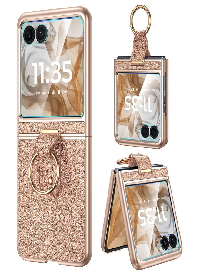 Caka جراب Caka Bling لهاتف Motorola Razr 2024/2025 [غير متوافق مع Plus أو Ultra]، مع حامل حلقة إصبع وواقي شاشة مدمج، غطاء حماية رفيع وخفيف لهاتف Moto Razr 2024 و2025 - ذهبي وردي - Image 1
