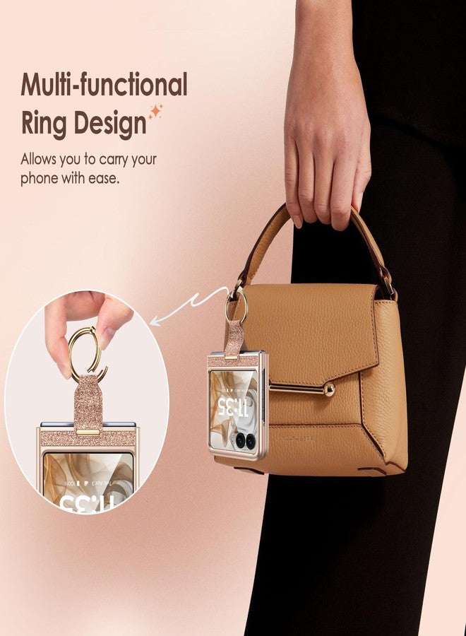 Caka جراب Caka Bling لهاتف Motorola Razr 2024/2025 [غير متوافق مع Plus أو Ultra]، مع حامل حلقة إصبع وواقي شاشة مدمج، غطاء حماية رفيع وخفيف لهاتف Moto Razr 2024 و2025 - ذهبي وردي - Image 3