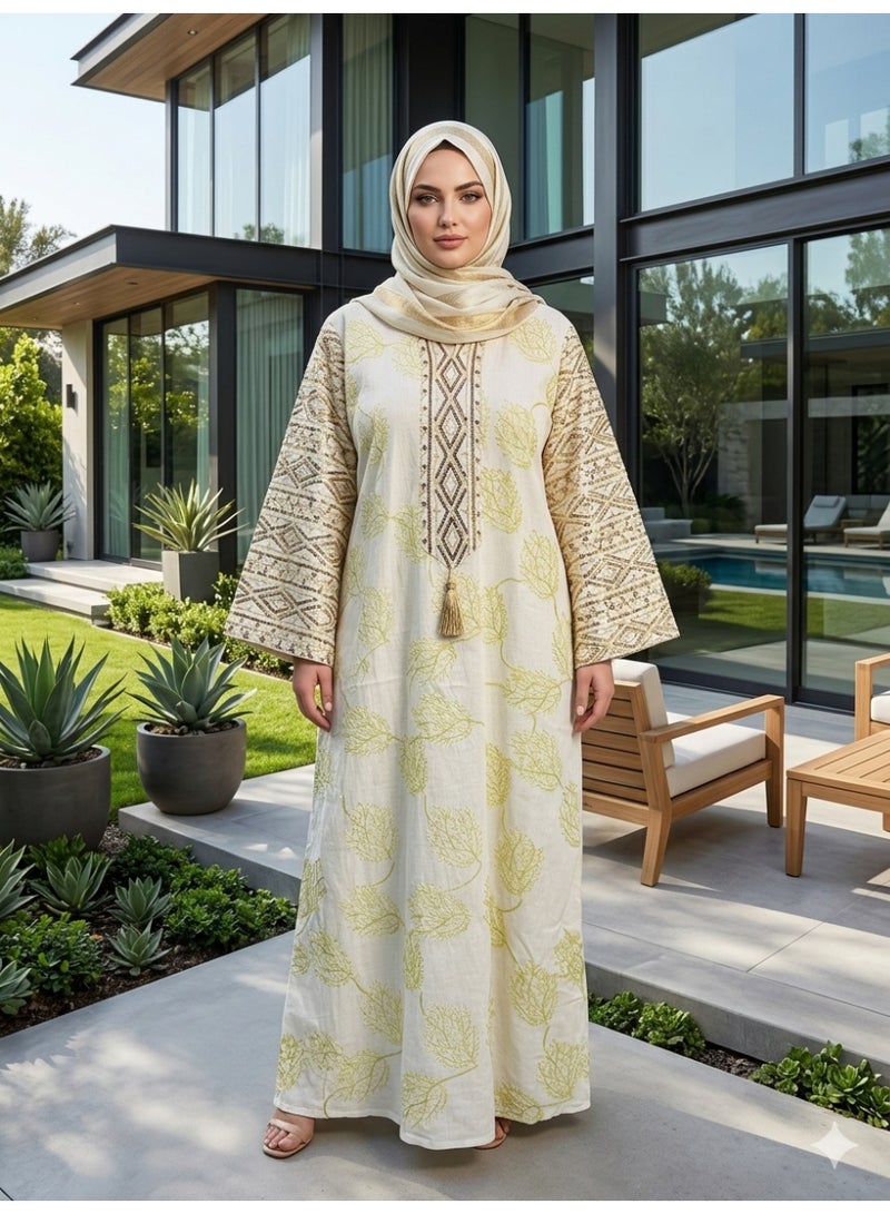 Women's abaya, linen and luxurious cotton, embroidered on the sides – elegant design with sophisticated embroidery – casual and special occasion abaya for women - Image 1