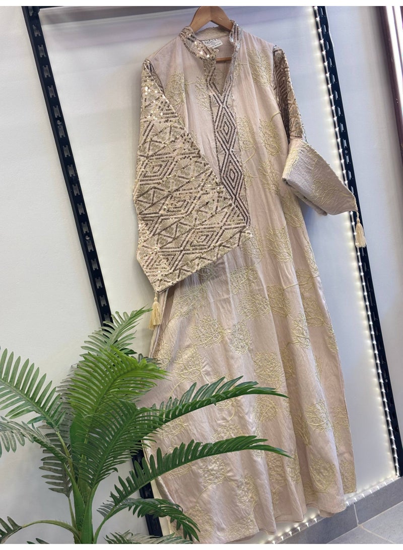 Women's abaya, linen and luxurious cotton, embroidered on the sides – elegant design with sophisticated embroidery – casual and special occasion abaya for women - Image 3
