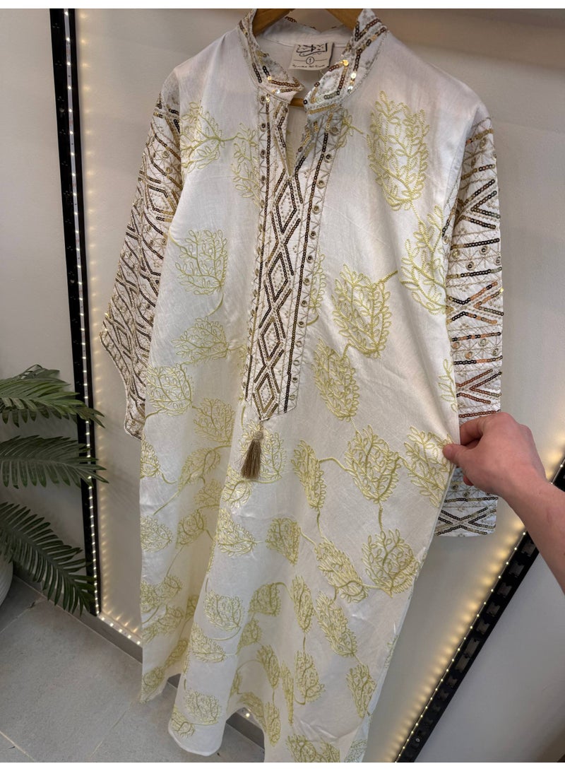Women's abaya, linen and luxurious cotton, embroidered on the sides – elegant design with sophisticated embroidery – casual and special occasion abaya for women - Image 4