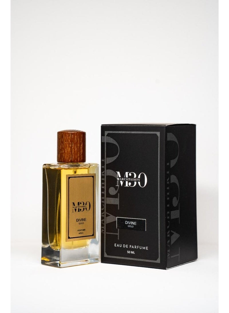March Thirty Divine Gold Eau de Parfum 50ml – Patchouli, Oud, Musky, Leather, Warm Spicy Long-Lasting Perfume for Men - Image 1