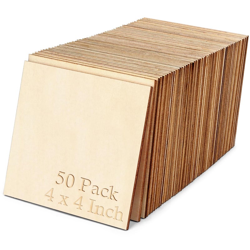 Blisstime 50PCS 4x4 Inch Wood Squares Unfinished Square Wood Pieces for CraftsPainting Writing DIY Supplies Engraving and Carving Home Decorations 4x4 Inch 50Pcs