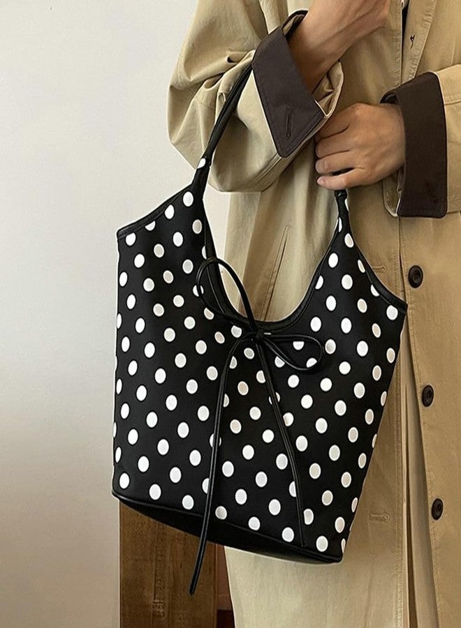 EMGILL Polka Dot Purse for Women 2025 Large Capacity Tote Handbag Retro Bow Crescent Shoulder Bag Travel Causal Nylon Underarm Purse - Image 4