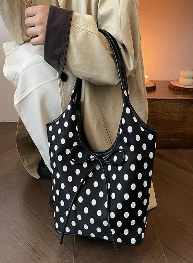 EMGILL Polka Dot Purse for Women 2025 Large Capacity Tote Handbag Retro Bow Crescent Shoulder Bag Travel Causal Nylon Underarm Purse - Image 2