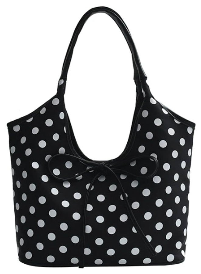 EMGILL Polka Dot Purse for Women 2025 Large Capacity Tote Handbag Retro Bow Crescent Shoulder Bag Travel Causal Nylon Underarm Purse - Image 1