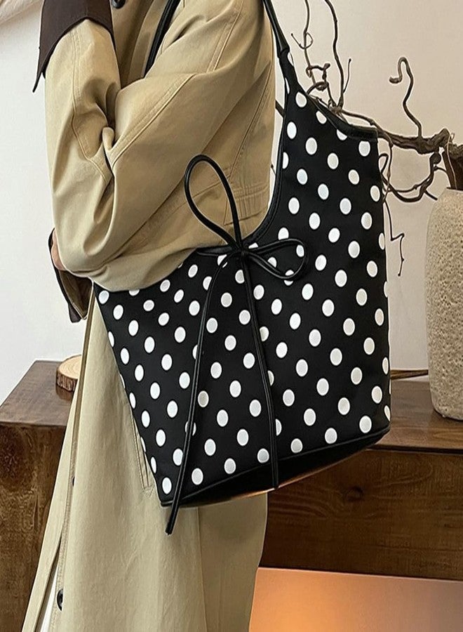 EMGILL Polka Dot Purse for Women 2025 Large Capacity Tote Handbag Retro Bow Crescent Shoulder Bag Travel Causal Nylon Underarm Purse - Image 3