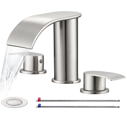 Ultimate Unicorn 8 inch Bathroom Faucet Brushed Nickel, Waterfall Bathroom Faucet with Metal Pop-up Sink Drain Stopper and 2 Supply Hoses,2 Handle Widespread Faucets for Vanity Sink 3 Holes - Image 1