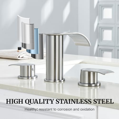 Ultimate Unicorn 8 inch Bathroom Faucet Brushed Nickel, Waterfall Bathroom Faucet with Metal Pop-up Sink Drain Stopper and 2 Supply Hoses,2 Handle Widespread Faucets for Vanity Sink 3 Holes - Image 4