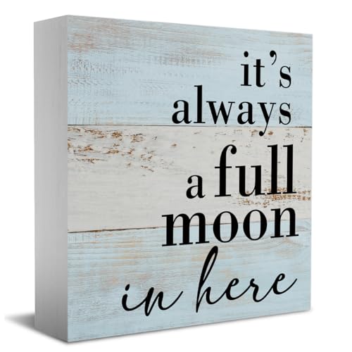 HTBIG Funny Bathroom Decor Sign It's Always a Full Moon in Here, Desk Decor Rustic Wood Block Plaque Box Sign, for Home Farmhouse Office Restroom Toilet Shelf Table Decoration Gifts - Image 1