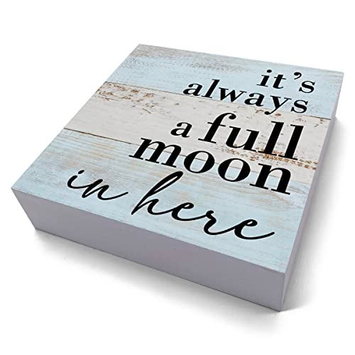 HTBIG Funny Bathroom Decor Sign It's Always a Full Moon in Here, Desk Decor Rustic Wood Block Plaque Box Sign, for Home Farmhouse Office Restroom Toilet Shelf Table Decoration Gifts - Image 2