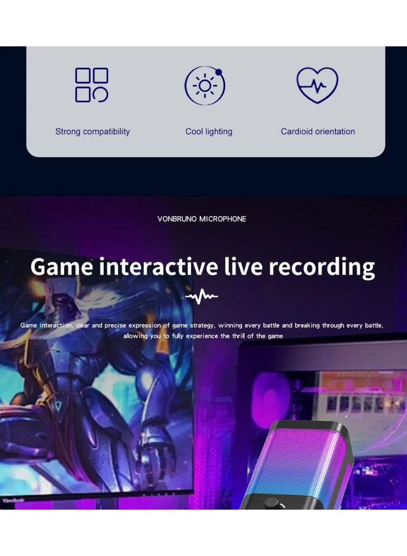 مجموعة ميكروفون الألعاب VONBRUNO MICROPHONEM7 RGB USB المزودة بحامل ذراع مقصّي أسود قابل للتعديل، وحامل مكتبي بقاعدة دائرية ثقيلة، ومحول من النوع C، مع تقنية ذكية لتقليل الضوضاء، ووظيفة كتم الصوت بلمسة واحدة للهاتف/الكمبيوتر/PS5 - Image 4