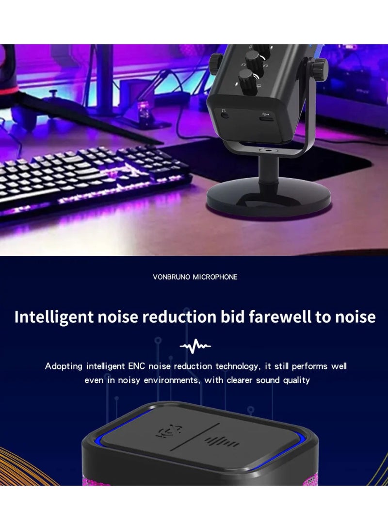 مجموعة ميكروفون الألعاب VONBRUNO MICROPHONEM7 RGB USB المزودة بحامل ذراع مقصّي أسود قابل للتعديل، وحامل مكتبي بقاعدة دائرية ثقيلة، ومحول من النوع C، مع تقنية ذكية لتقليل الضوضاء، ووظيفة كتم الصوت بلمسة واحدة للهاتف/الكمبيوتر/PS5 - Image 5