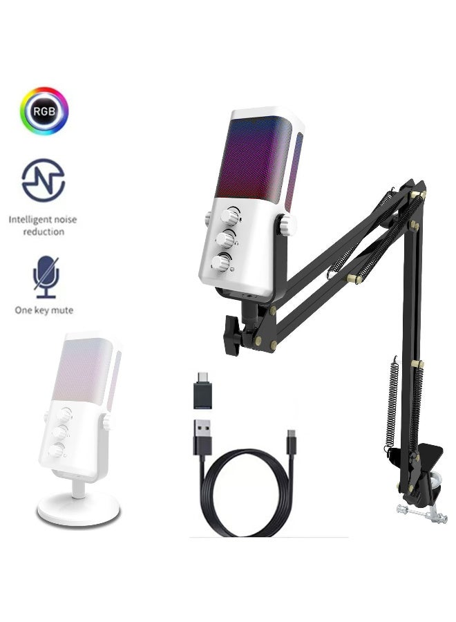 مجموعة ميكروفون الألعاب VONBRUNO MICROPHONEM7 RGB USB المزودة بحامل ذراع مقصّي أسود قابل للتعديل، وحامل مكتبي بقاعدة دائرية ثقيلة، ومحول من النوع C، مع تقنية ذكية لتقليل الضوضاء، ووظيفة كتم الصوت بلمسة واحدة للهاتف/الكمبيوتر/PS5 - Image 1