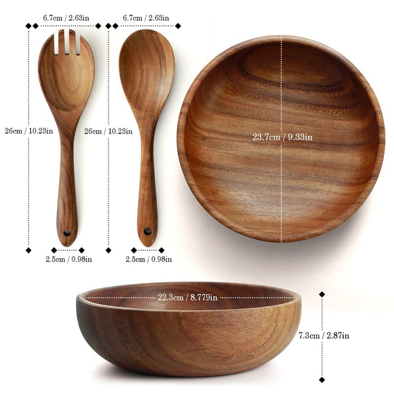 AOOSY Wooden Salad Bowls  Large Acacia Wood Salad Serving Bowl with Serving Tongs  9.3"" D x 2.8"" H Round Bowls Set for Mixing Fruits Cereal Pasta - Image 2