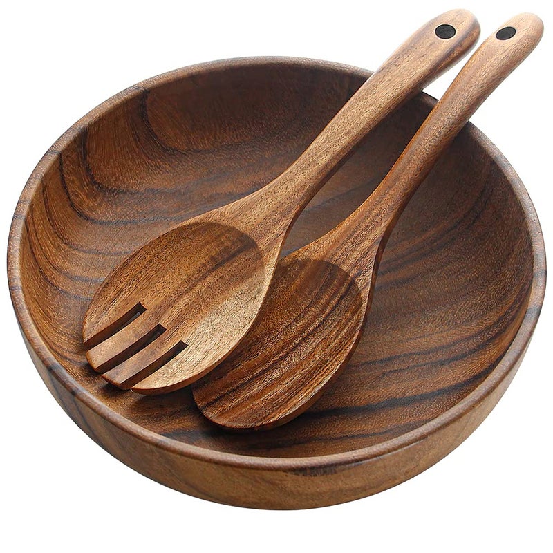 AOOSY Wooden Salad Bowls  Large Acacia Wood Salad Serving Bowl with Serving Tongs  9.3"" D x 2.8"" H Round Bowls Set for Mixing Fruits Cereal Pasta - Image 1
