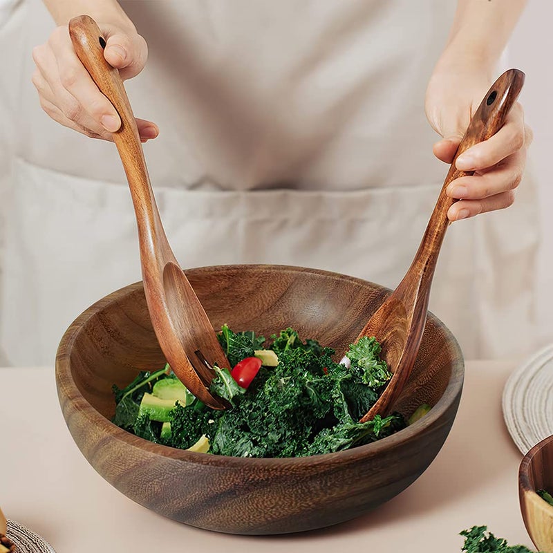 AOOSY Wooden Salad Bowls  Large Acacia Wood Salad Serving Bowl with Serving Tongs  9.3"" D x 2.8"" H Round Bowls Set for Mixing Fruits Cereal Pasta - Image 5