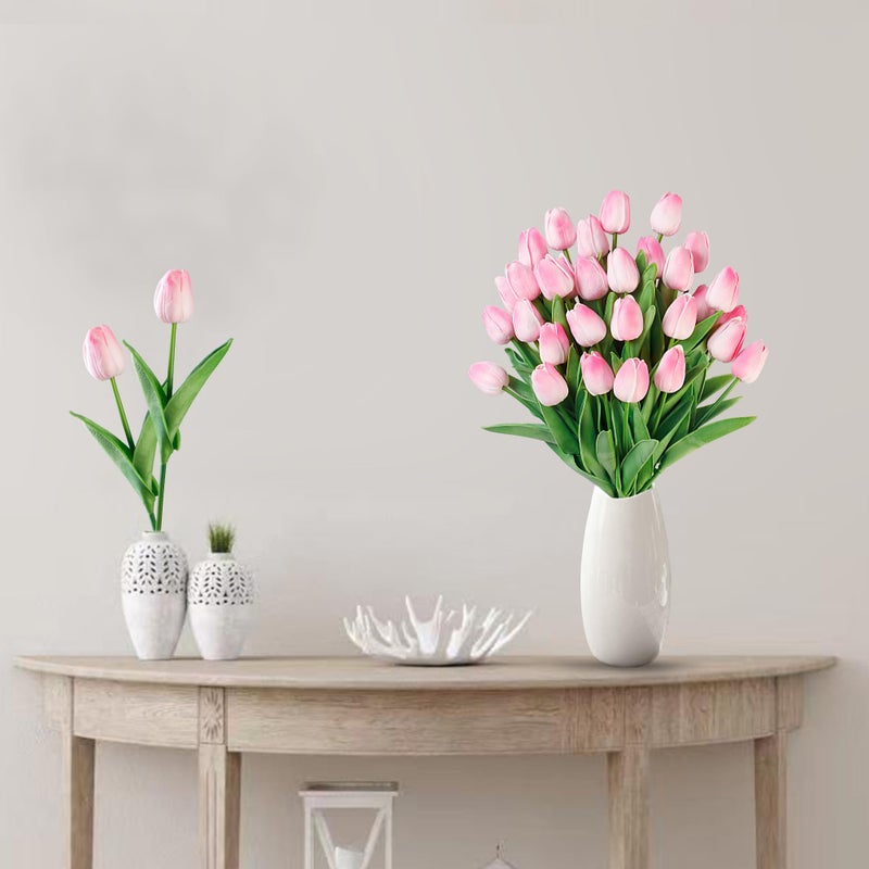 Sggvecsy 30 Pcs Fake Tulips Artificial Flowers Real Touch PU Faux Flowers Tulip Stems for Wedding Spring Bouquet Floral Arrangement Home Party Office Decorations for Mother's Day (Light Pink) - Image 3