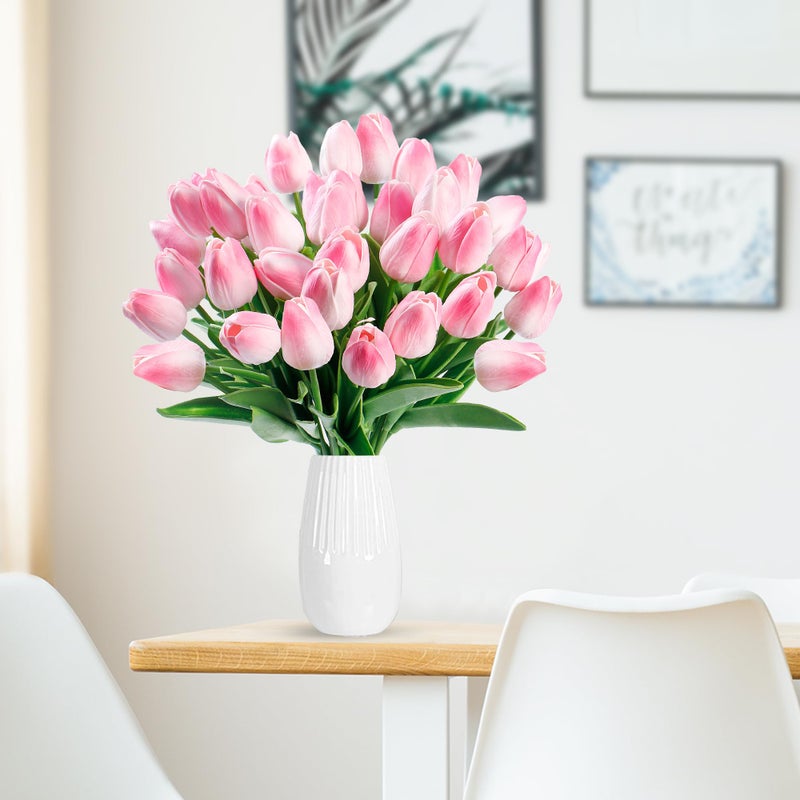 Sggvecsy 30 Pcs Fake Tulips Artificial Flowers Real Touch PU Faux Flowers Tulip Stems for Wedding Spring Bouquet Floral Arrangement Home Party Office Decorations for Mother's Day (Light Pink) - Image 2