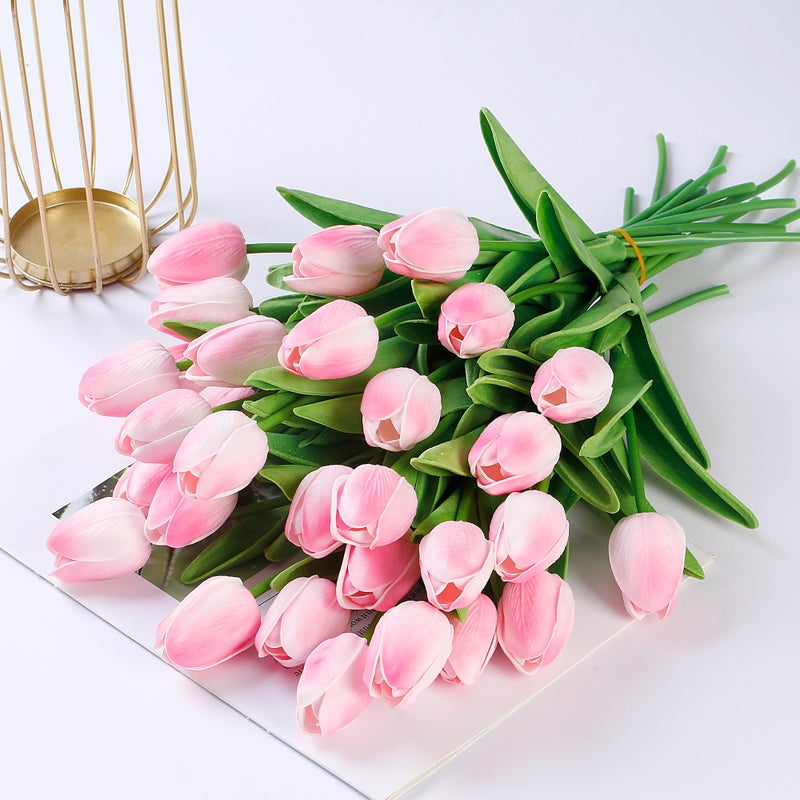 Sggvecsy 30 Pcs Fake Tulips Artificial Flowers Real Touch PU Faux Flowers Tulip Stems for Wedding Spring Bouquet Floral Arrangement Home Party Office Decorations for Mother's Day (Light Pink) - Image 4