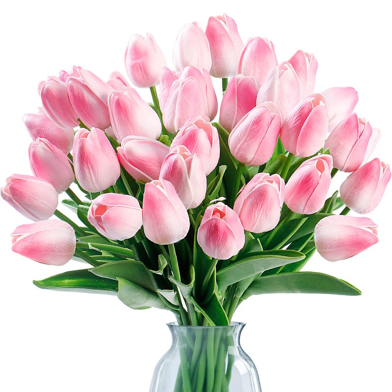 Sggvecsy 30 Pcs Fake Tulips Artificial Flowers Real Touch PU Faux Flowers Tulip Stems for Wedding Spring Bouquet Floral Arrangement Home Party Office Decorations for Mother's Day (Light Pink) - Image 1