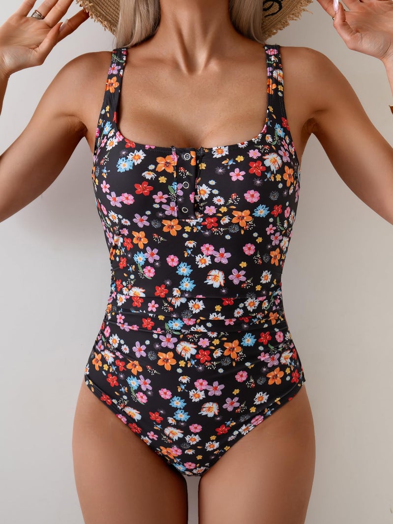 B2prity One Piece Swimsuit for Women Tummy Control Ruched Slimming Bathing Suit Button Full Coverage Swimwear - Image 5