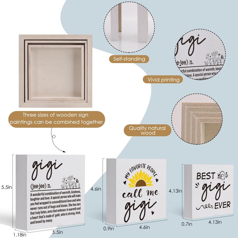 Henghere Gifts for Grandma Birthday Unique  Gigi Gifts for Grandma from Grandchildren  Glamma gifts  Mother's Day Gifts for Gigi from Grandkids  Gigi Wood Signs Set of 3 Wooden Blocks Signs Decor  - Image 2
