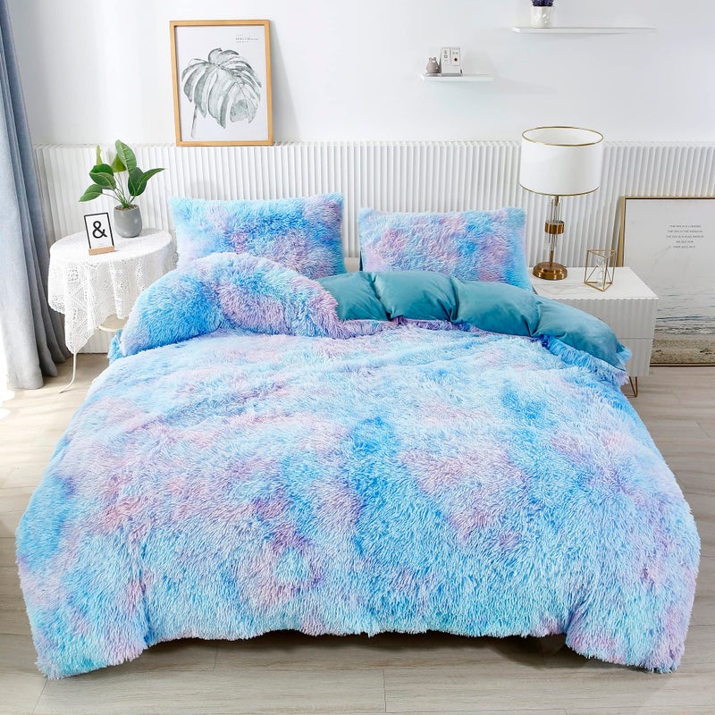 RYNGHIPY RYNGHIPY Super Soft Fuzzy Faux Fur Duvet Cover Set Rainbow Bedding Set for Girls Blue Tie Dye Plush  Velvet Flannel Comforter Cover with 2 Pillowcases Colorful BlueQueen 