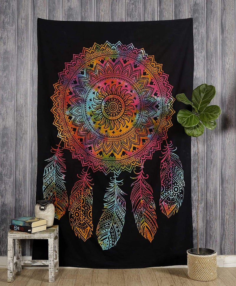 Doraya Cotton Psychedelic Dream Catcher Tie Dye Mandala Tapestry Hippie Hippy Celestial Wall Hanging Indian Bohemian Tapestries Multicolour Poster 30x40 - Image 1