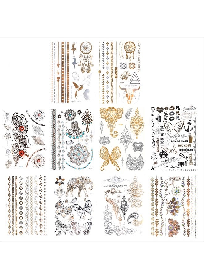 Kare Kind Kare & Kind Temporary Metallic Henna Tattoos for Women Teens Girls - 10 Sheets - Glitter Shimmer Designs Jewelry Fake Tattoo Stickers - 150+ pcs Waterproof Color Flash - Bracelets, Necklace, Anklets - Image 1